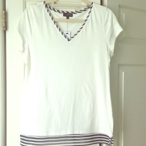Top off white with striped trim